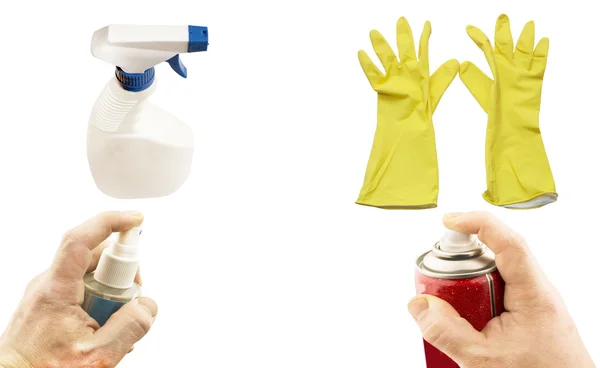Different aerosols in hand and yellow gloves — Stock Photo, Image