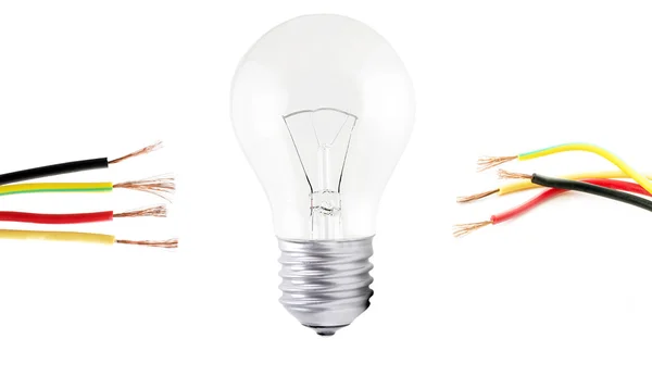 Incandescent light bulb and wires located on either side — Stock Photo, Image