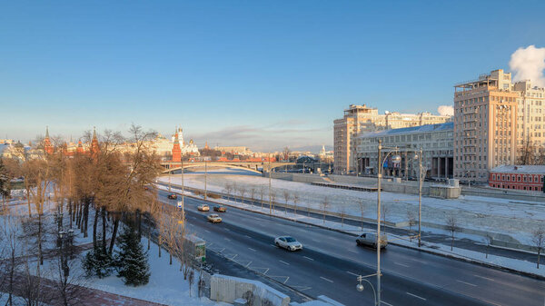 Moscow. A view on Kremlin and Moscow river at the sunny winter day.