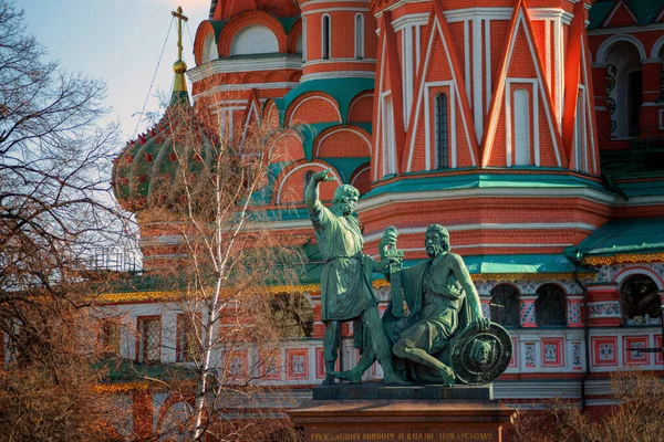 Monumento Minin Pozharsky Por Catedral San Basilio Moscú Rusia Antiguo —  Fotos de Stock