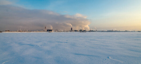 Winter landscape in the area of the Stroganovs' estate chamber, Usolye, Perm Territory, Russia.