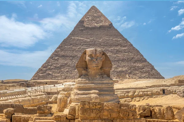Den Stora Sfinxen Och Piramiderna Berömda Wonder World Giza Egypten — Stockfoto