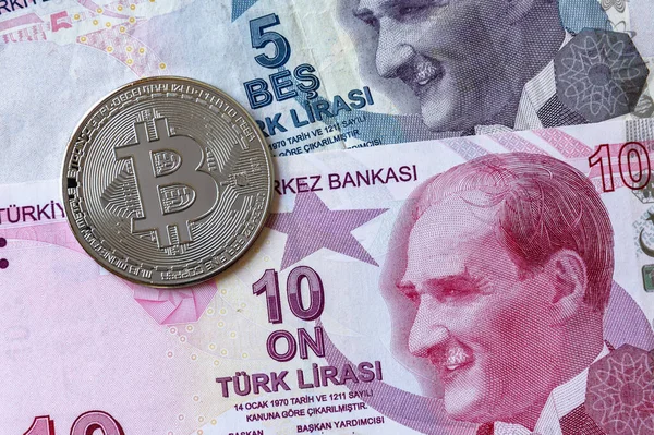 Bitcoin Cryptocurrency Coin Turkish Lira Banknotes Cryptocurrency Money Turkey — Stock Photo, Image