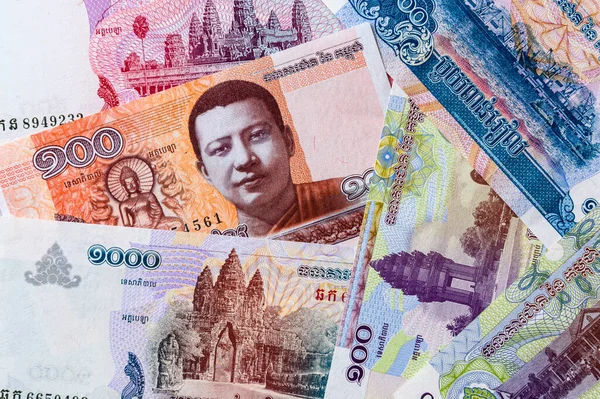 Uno Sfondo Del Riel Cambogiano Accatastato Khr Valuta Ufficiale Della — Foto Stock