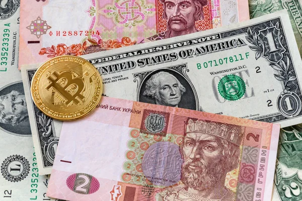 Nova Moeda Virtual Nas Notas Ucrânia Imagem Close Bitcoins Com — Fotografia de Stock