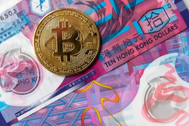 Hong Kong Doları banknotlarında Altın Bitcoin Kripto Para.