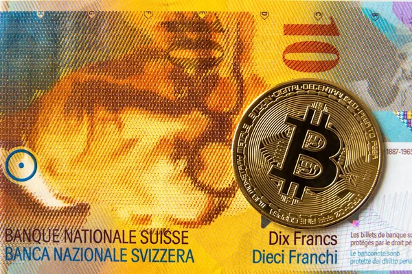 Close Image Golden Bitcoin Ten Swiss Franc Banknote — Stock Photo, Image