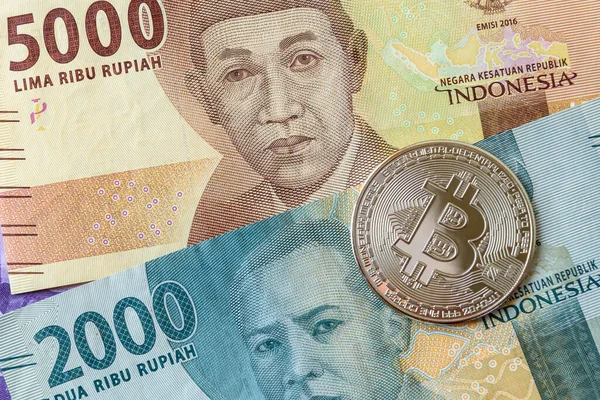 Bitcoin Actual Indonesia Rupiah Currency Banknote Business Financial Concept — Stock Photo, Image