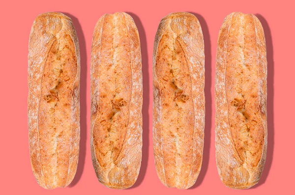 Ett Mönster Vita Uppfödda Baguette Parisian Isolerad Rosa Bakgrund — Stockfoto