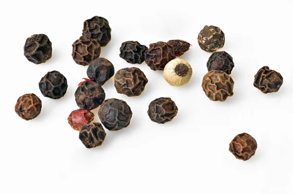 Διαφορετικοί Σπόροι Πιπεριού Άλμα Από Μαύρους Κόκκινους Λευκούς Και Μπαχαριανούς — Φωτογραφία Αρχείου