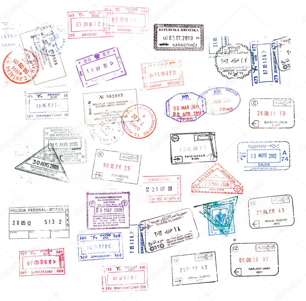 Colorful passport stamps background on white