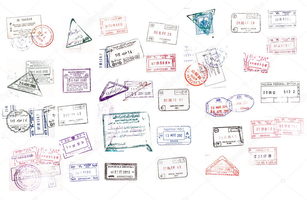 Colorful passport stamps background on white