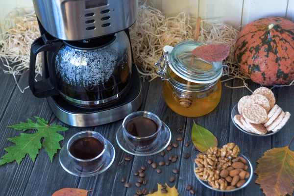 Herbst Stillleben Tasse Kaffee Und Honig Auf Dem Tisch Mit — Stockfoto