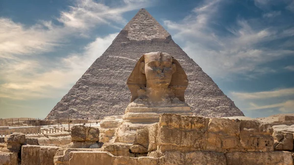 Den Stora Sfinxen Och Piramiderna Berömda Wonder World Giza Egypten — Stockfoto