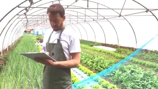 Mezőgazdasági termelő dolgozik az üvegházhatást okozó — Stock videók