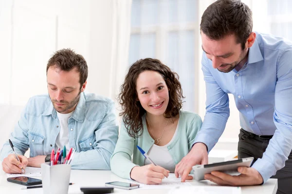 Zwei Praktikanten, die gemeinsam mit ihrem Kursleiter arbeiten — Stockfoto