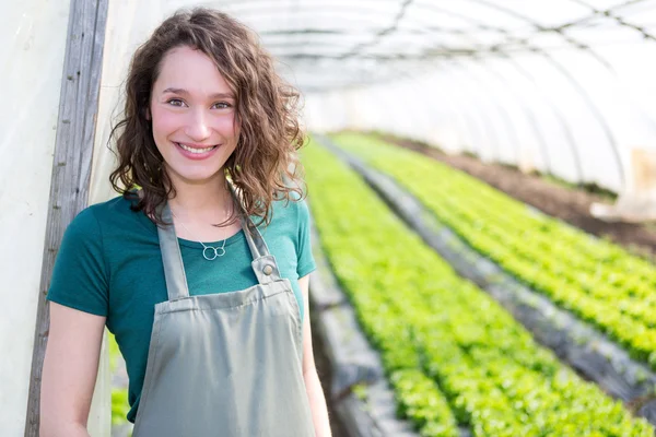Portrait of an attractive farmer in a greenhouse — Stock Photo, Image