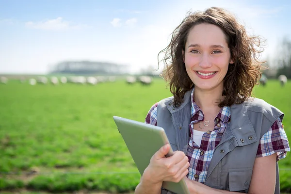 Joven agricultor atractivo en un campo usando tableta — Foto de Stock