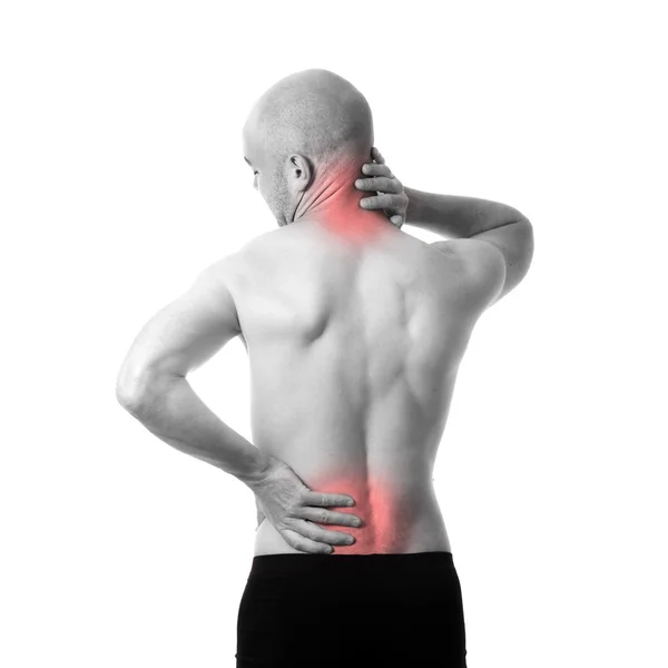 Homem semi-nu sentindo dor nas costas — Fotografia de Stock