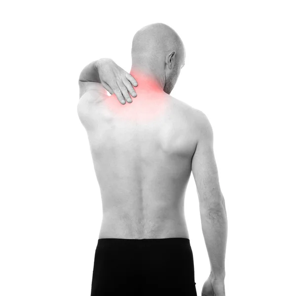 Hombre semidesnudo sintiendo dolor en la espalda — Foto de Stock