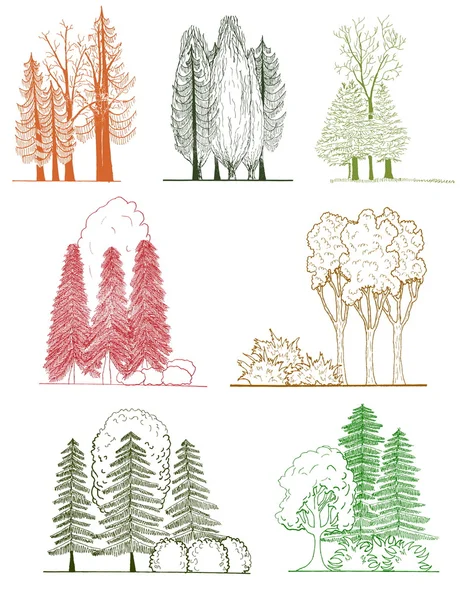 Eine Reihe von Baumsilhouetten, für architektonische oder landschaftliche Gestaltung — Stockvektor