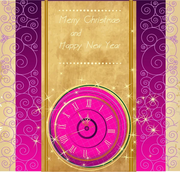 Feliz Año Nuevo y Feliz Navidad fondo vintage con reloj — Archivo Imágenes Vectoriales