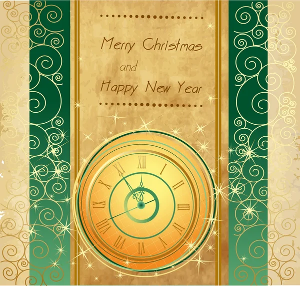 新年あけましておめでとうございます、時計とメリー クリスマス ビンテージ背景 — ストックベクタ