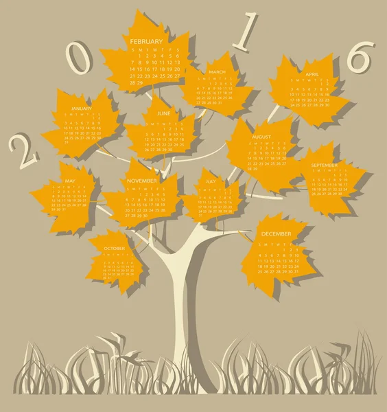 Calendario de forma de árbol para 2016 — Vector de stock