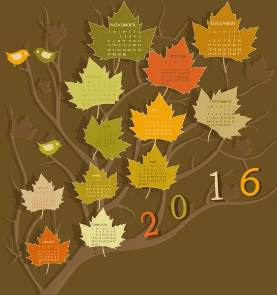 Calendario de forma de árbol para 2016 — Vector de stock