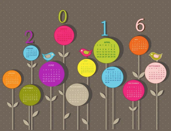 Calendario 2016 año con flores — Vector de stock