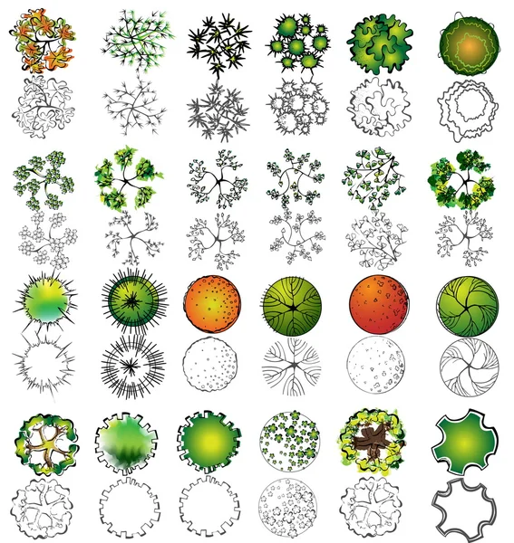 Un conjunto de símbolos de copa de árbol, para el diseño arquitectónico o paisajístico — Vector de stock