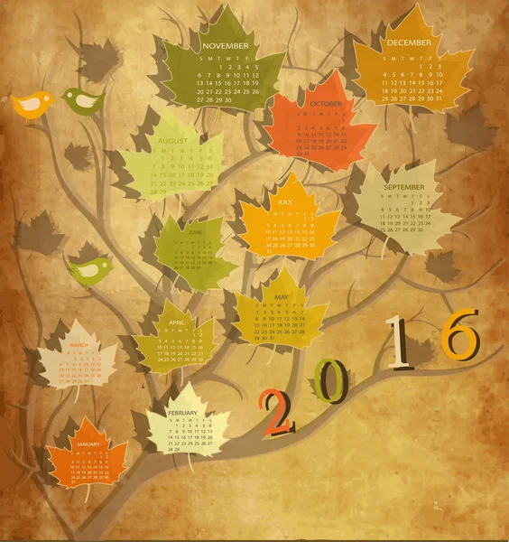 Forma albero Calendario Vintage per il 2016 — Vettoriale Stock