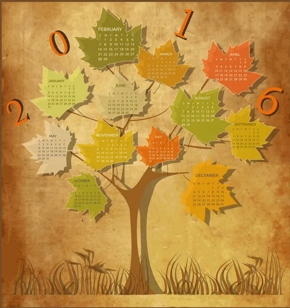 Форма дерева Вінтажний календар на 2016 рік — стоковий вектор