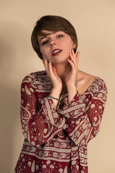 Brunette in red — Stock Photo, Image