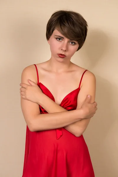 Brunette in red — Stock Photo, Image