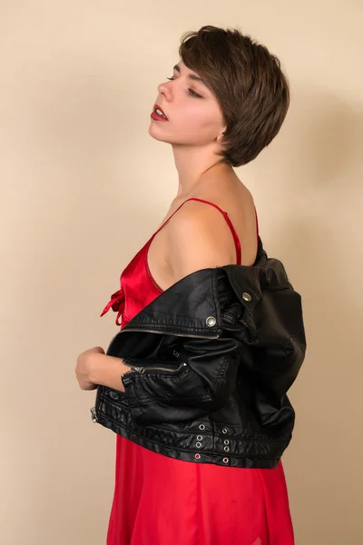 Brunette in red and black — Stock Photo, Image