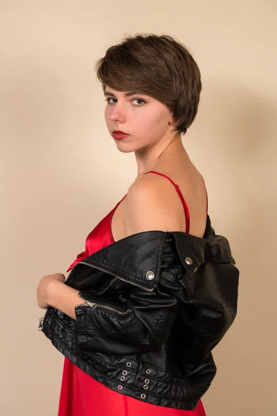 Brunette in red and black — Stock Photo, Image