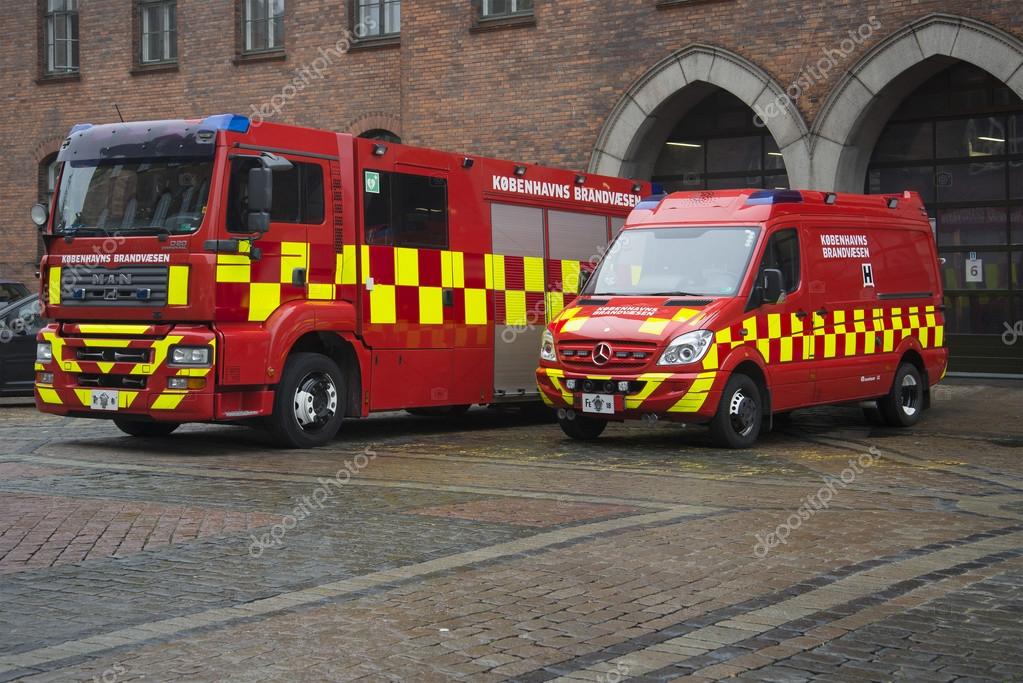 Two car municipal fire service. Copenhagen Stock Editorial Photo