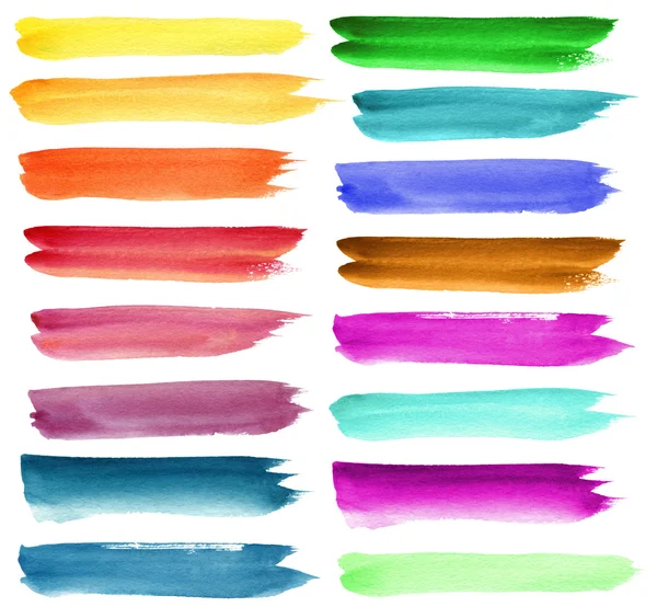 Készlet színes akvarell ecset ütések. Elszigetelt fehér. — Stock Fotó
