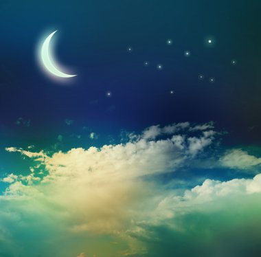 Gece gökyüzü ay ve yıldızlarla.