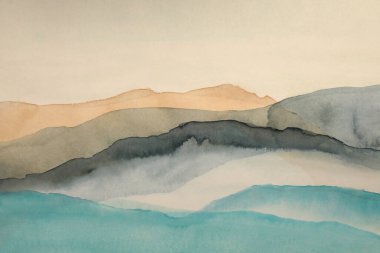 Art Smoke Watercolor, Acrylic Wave landscape flow painting canvas. Abstract texture blue, beige color curve background.