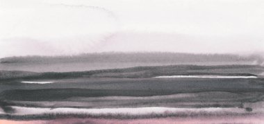 Ink watercolor hand drawn smoke flow painting stain blot landscape on wet paper texture background. Beige, gray pastel colors..