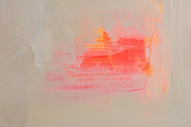 Sanat yağı, akrilik fırça darbesi leke boyama duvarı. Soyut doku bej beyaz, neon turuncu, sarı, pembe renk arkaplan.