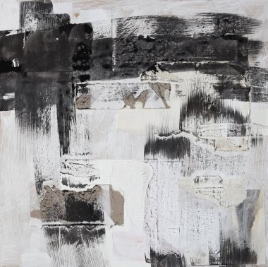 Yırtık, yırtık çatlak kağıt parçaları, mürekkep boyası fırça darbesi. Siyah, bej beyaz kopya alanı grunge tahıl dokusu Poster arkaplanı.