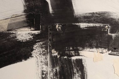 Yırtık, yırtık çatlak kağıt parçaları, mürekkep boyası fırça darbesi. Siyah, beyaz, bej kopya alanı grunge kabartma tahıl dokusu poster arkaplanı.