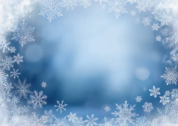 Bulanık ışıkları olan mavi Noel kar taneleri