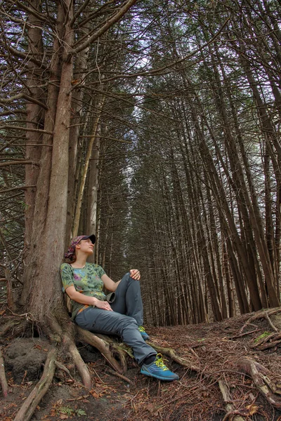 Flicka vilar på trädrötter, i skogen gränden — Stockfoto