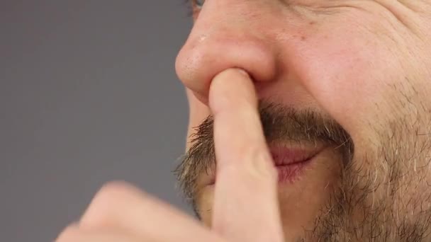 Man Mustache Picks His Nose Right Left Nostrils Turn Stuffy — Stock Video