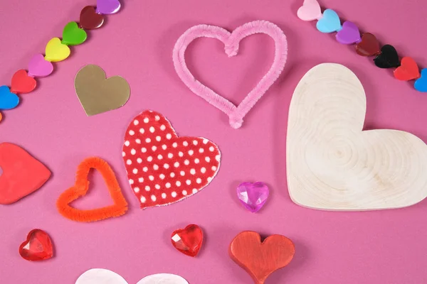 Many Craft Valentine Hearts Shapes Made Different Materials Wood Plastic — Stock Photo, Image