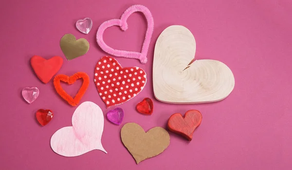 Many Craft Valentine Hearts Shapes Made Different Materials Wood Plastic — Stock Photo, Image